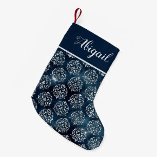 Meia De Natal Pequena Marinho Glam Blue Silver Damask Personalizado