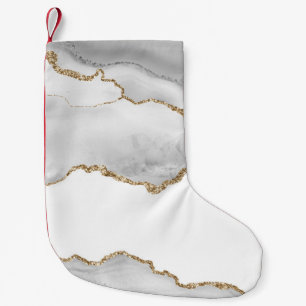 Meia De Natal Pequena Mármore Branco Cinza Ágata Brilho Dourado Refinado