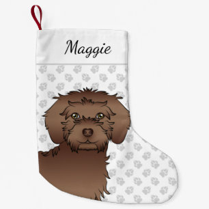 Meia De Natal Pequena Marrom Mini Goldendoodle Cartoon Cabeça e Nome