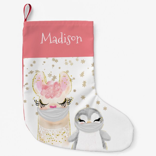 Meia De Natal Pequena Máscaras personalizadas de rosto de pinguim Llama (Frente)