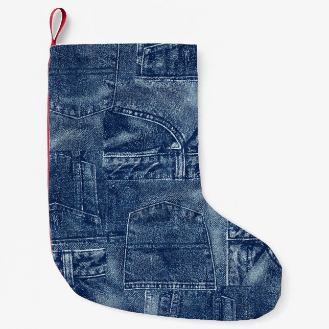 Meia De Natal Pequena material de denim, (Frente)