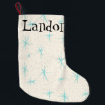 Meia De Natal Pequena Meia do X-Mas de Starbursts de turquesa da era<br><div class="desc">Das características customizáveis deste os starbursts azuis teste padrão da meia do Natal de Starbursts de turquesa da era espacial em um fundo cremoso com o ouro colorido salpicam. Inspirado por um teste padrão moderno do prato do meio século clássico, este design tem um dom autêntico do vintage. Os bens...</div>