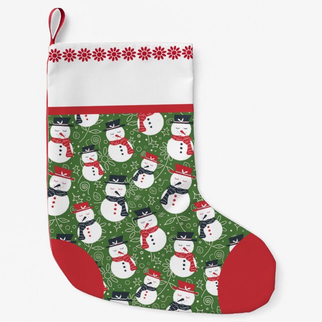 Meia De Natal Pequena Mellow Snowmen - Xmas red on green. (Frente)