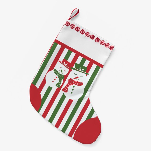 Meia De Natal Pequena Mellow Snowmen - Xmas red white green stripes. (Frente (Pendurada))