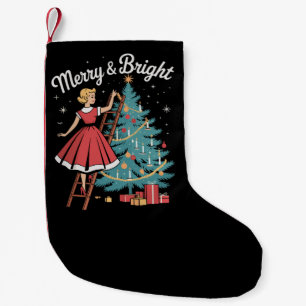 Meia De Natal Pequena Menina Alegre e Brilhante Vintage Decorando a Árvo