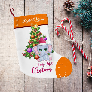 Meia De Natal Pequena Menina Fofa PRIMEIRO NATAL Elefante Laranja DO BEB