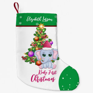 Meia De Natal Pequena Menina Fofa PRIMEIRO NATAL Elefante Verde DO BEBÊ