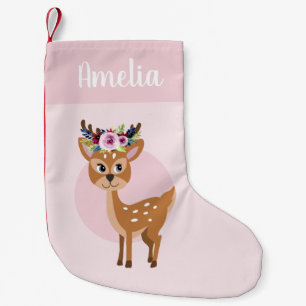 Meia De Natal Pequena Meninas Cute Pink Floral Deer & Name Kids