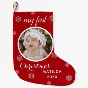 Meia De Natal Pequena Meu Primeiro Nome e Foto de Bebê Personalizada e F