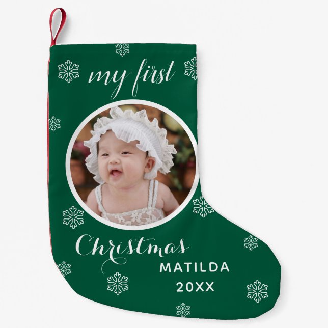 Meia De Natal Pequena Meu Primeiro Nome e Foto de Bebê Personalizada e F (Frente)
