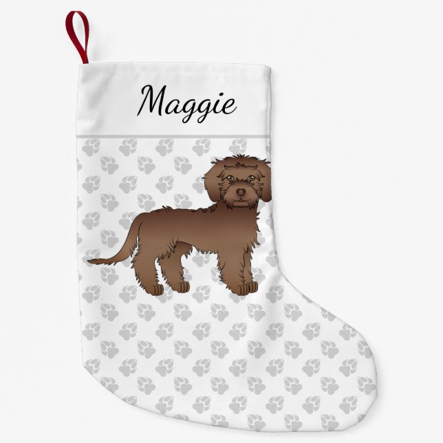 Meia De Natal Pequena Mini Goldendoodle Marrom Cartoon Cute Cachorro & N (Frente)