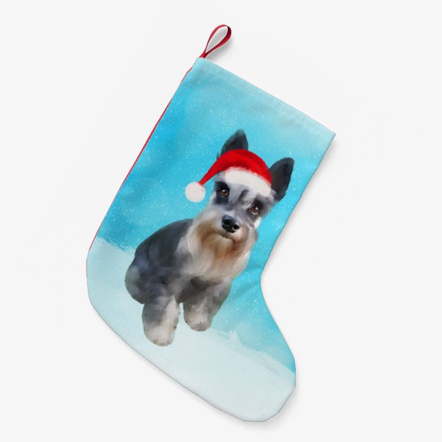 Meia De Natal Pequena Miniatura Cachorro Schnauzer No Chapéu De Natal Da (Frente (Pendurada))