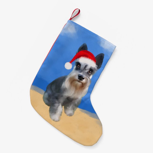 Meia De Natal Pequena Miniatura Cachorro Schnauzer No Chapéu De Natal Da (Frente (Pendurada))