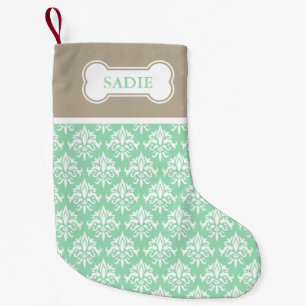 Meia De Natal Pequena Mint Green and Beige Damask with Bone & Pet's Name