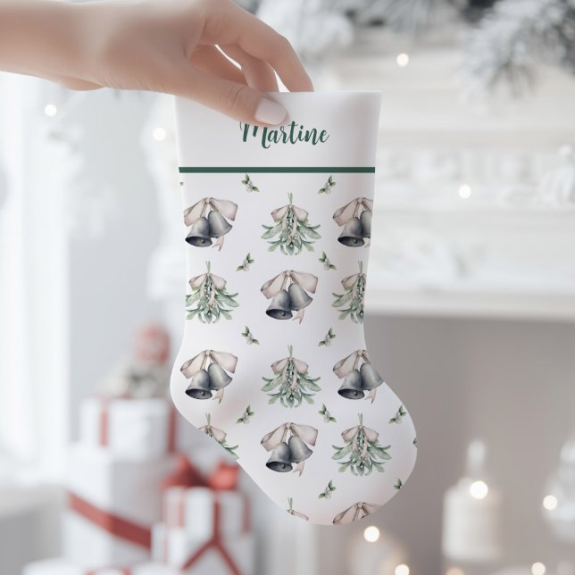 Meia De Natal Pequena Mistletoe Silver Bells Traditional  (Mistletoe Silver Bells Christmas Stocking)