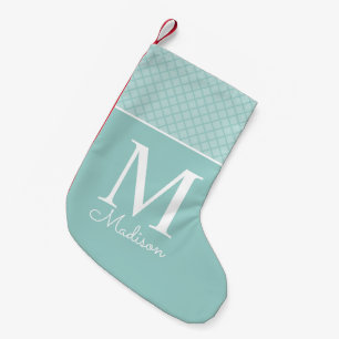 Meia De Natal Pequena monograma de nome com padrão xadrez verde claro mo