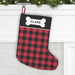 Meia De Natal Pequena Monograma do Cão-Bone Vermelho e Xadrez Negra