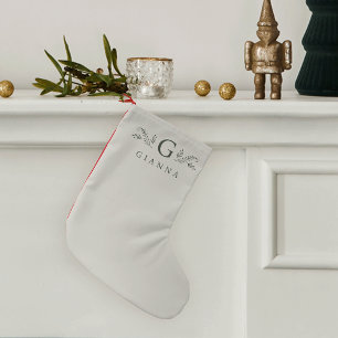Meia De Natal Pequena Monograma e Nome Botânico Verde Elegante