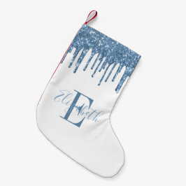Meia De Natal Pequena Monograma Elegante com Pingentes de Brilho Azul