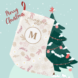 Meia De Natal Pequena Monograma floral bonito e pastel, de cor cinzenta