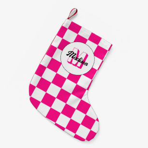Meia De Natal Pequena Monograma geométrico retrógrado branco-rosa-quente