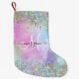 Meia De Natal Pequena Monograma Holográfico Glitter Arco-Íris Pastel