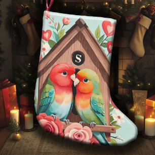 Meia De Natal Pequena Monograma Lovebird Casal Birdhouse & Heart Pastel