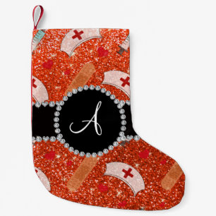 Meia De Natal Pequena Monograma neon orange, enfermeira que bate o coraç
