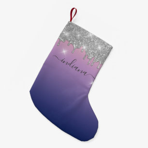 Meia De Natal Pequena Monograma Prata Brilho Férias Lembrança Roxo