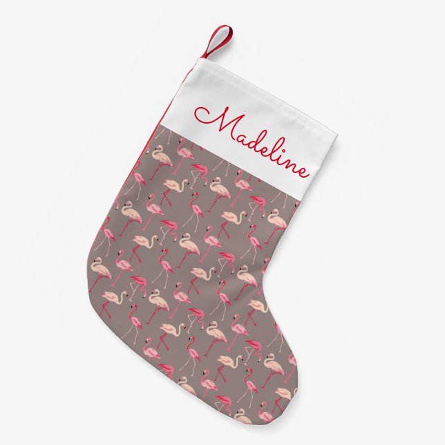 Meia De Natal Pequena Monograma retro dos flamingos | (Frente (Pendurada))