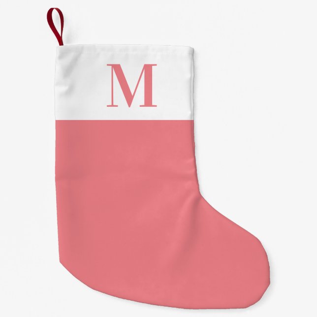 Meia De Natal Pequena Monograma rosa e branco personalizado (Frente)