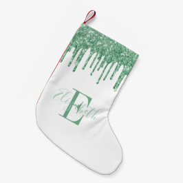 Meia De Natal Pequena Monograma Verde Brilho Falso Gotejando Branco