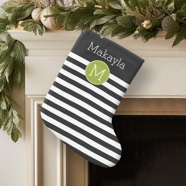 Meia De Natal Pequena Monograma verde de padrão em branco e preto (Personalized Christmas Stocking)