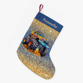 Meia De Natal Pequena Monster Truck Flames Glitter Background Christmas