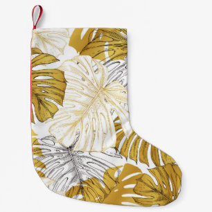 Meia De Natal Pequena Monstera Leaves: Ouro Branco
