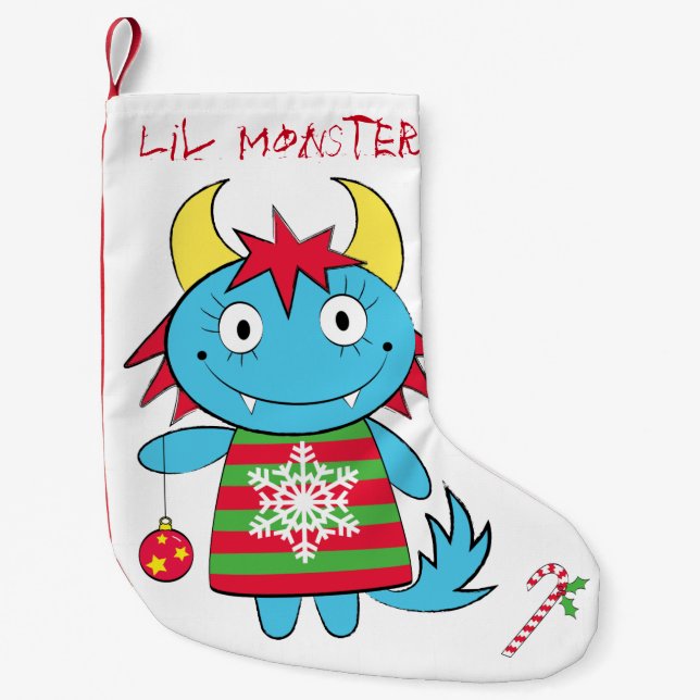 Meia De Natal Pequena Monstro da menina com ornamento (Frente)