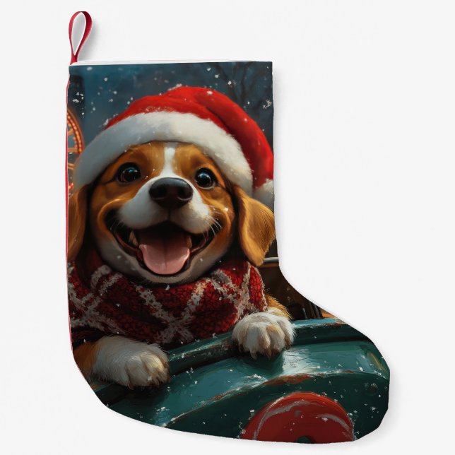 Meia De Natal Pequena Montanha Russa de Cachorro Beagle no Natal (Frente)