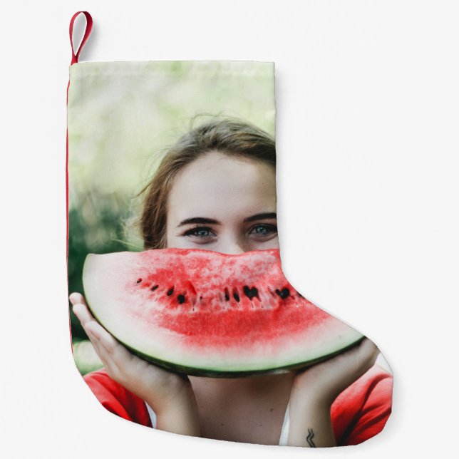 Meia De Natal Pequena Mulher segurando melancia fatiada (Frente)