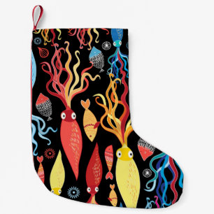 Meia De Natal Pequena Multicolored pattern of different squid and fish o