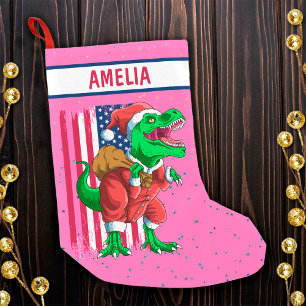 Meia De Natal Pequena Natal divertido de Papai Noel Rosa T-Rex Tyrannosa