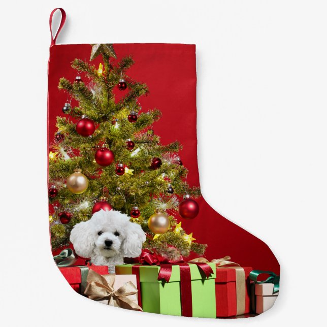 Meia De Natal Pequena Natal do poodle branco (Frente)