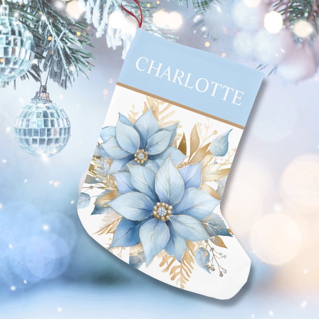 Meia De Natal Pequena Natal Dourado de Poinsettia Azul (Icy Blue Gold Poinsettia Flower Christmas Small Christmas Stocking)