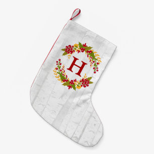 Meia De Natal Pequena Natal Holly Chic Berries Wreath Monograma