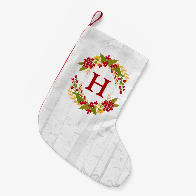 Meia De Natal Pequena Natal Holly Chic Berries Wreath Monograma (Frente (Pendurada))