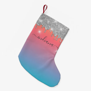 Meia De Natal Pequena Natal Personalizado com Ombre e Monograma em Brilh
