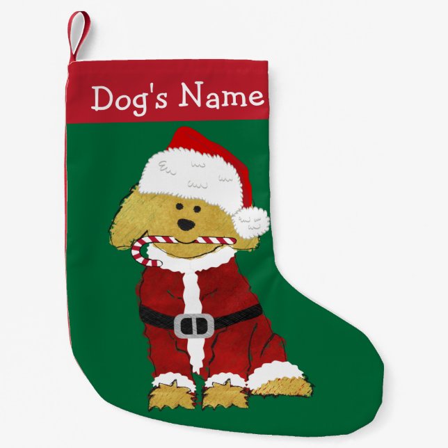 Meia De Natal Pequena Natal personalizado Goldendoodle Papai Noel (Frente)