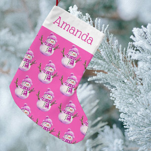 Meia De Natal Pequena Natal Personalizado Homem de Neve Rosa Doce Branco