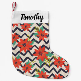 Meia De Natal Pequena Natal Red Poinsettia Black & White Chevron