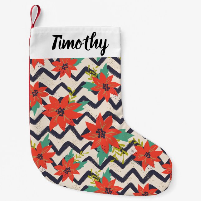 Meia De Natal Pequena Natal Red Poinsettia Black & White Chevron (Frente)