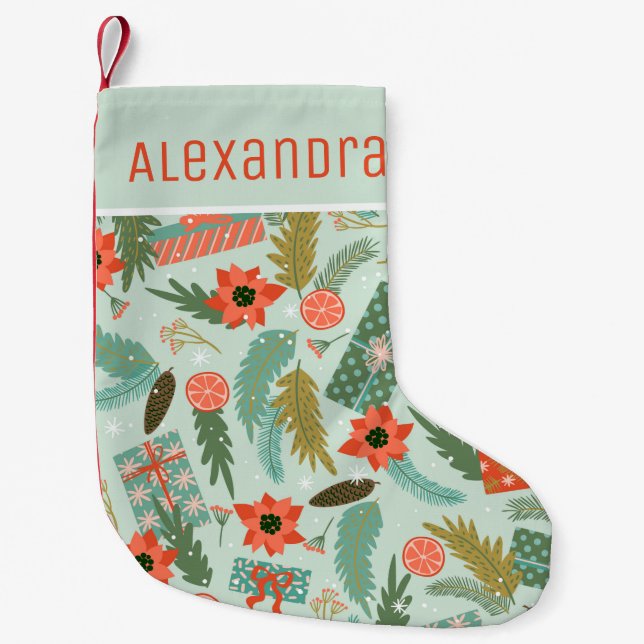 Meia De Natal Pequena Natal Winter Sage Green Red Poinsettia (Frente)